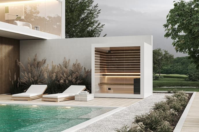 thermalux sauna beside a pool