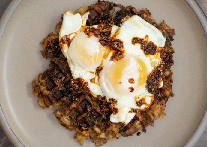 david chang's Stuffing Waffles With Fried Eggs And Chili Crunch