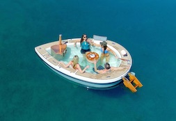 This Electric Hot Tub Boat Has a Fireplace and Cooler